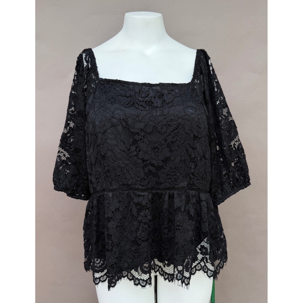 Nanette Black Lace Peplum Top XL Square Neck Puff Sleeve‎ Romantic Coquette NEW